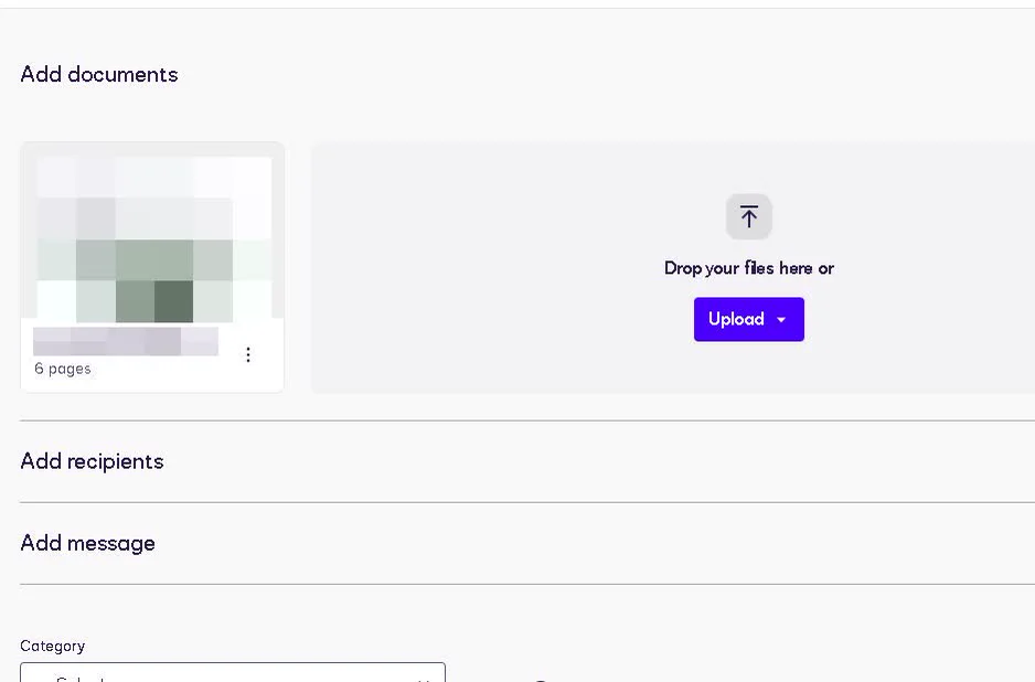 The DocuSign upload screen. The customer document thumbnail and filename are redacted.
