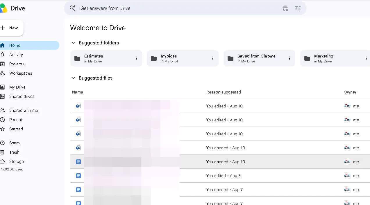 A Google Drive file list of estimates and invoices. Every filename is redacted.