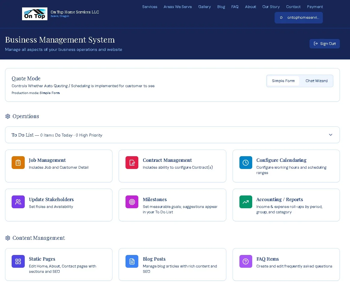 The On Top Home Services Business Management System, powered by SQUEIL, showing quote mode, a to-do list, and modules for job management, contract management, calendaring, stakeholders, milestones, accounting and reports, and content management for static pages, blog posts and FAQ items