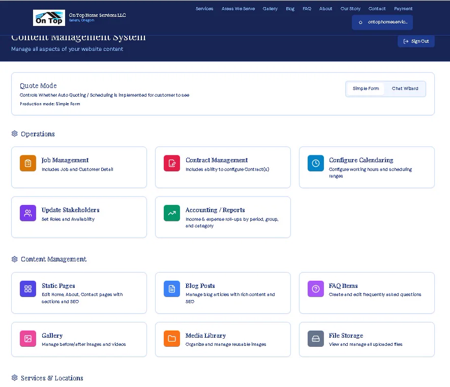 The On Top Home Services content management and operations dashboard, powered by SQUEIL, showing job management, contract management, calendaring, accounting and content modules