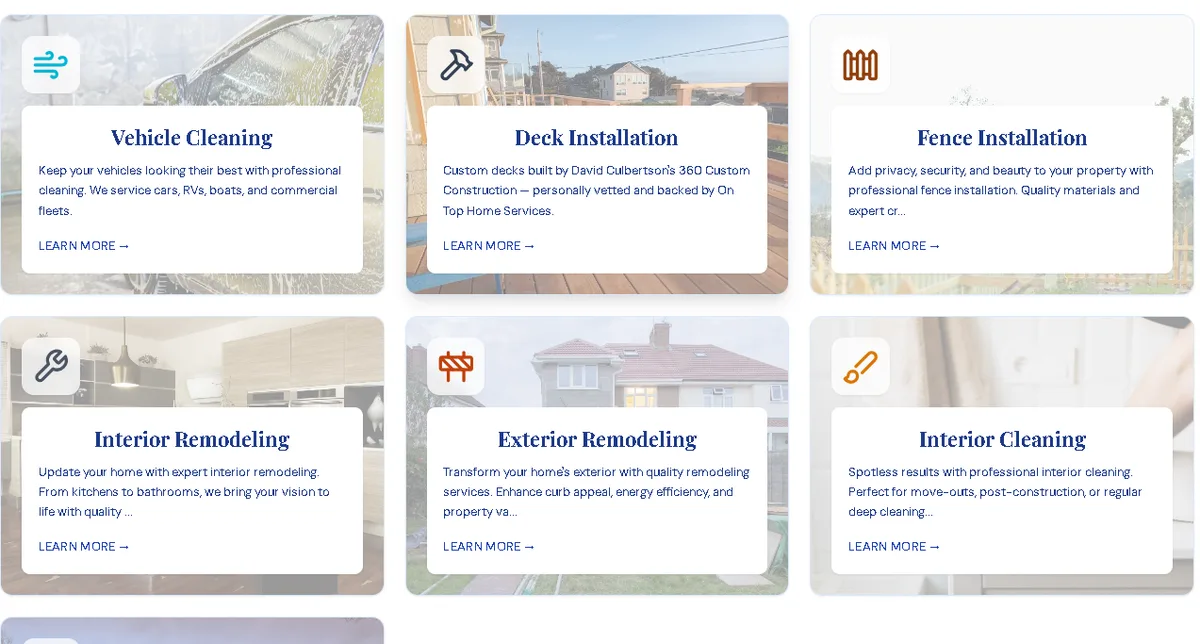 The On Top Home Services website showing its service cards — vehicle cleaning, deck and fence installation, interior and exterior remodeling, interior cleaning — each with its own icon, description and link