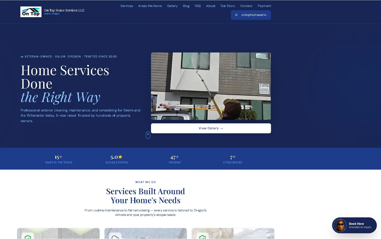 The On Top Home Services public site after the rebuild — hero, credibility stats for years in trade, Google rating, reviews and cities served, and the services section, with SQUEIL-powered booking