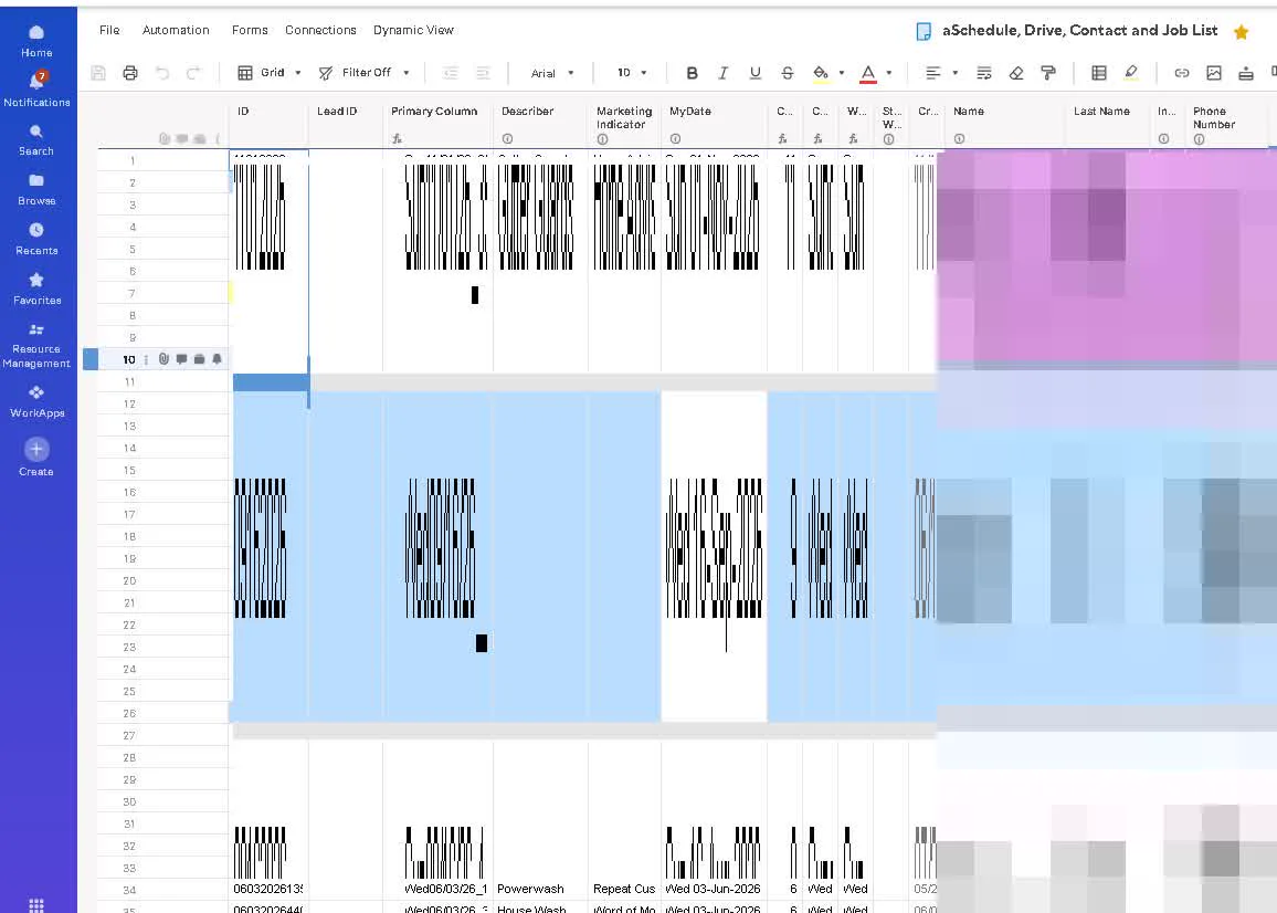 A Smartsheet grid holding jobs, scheduling, accounting and mileage. Customer name and phone columns are redacted.
