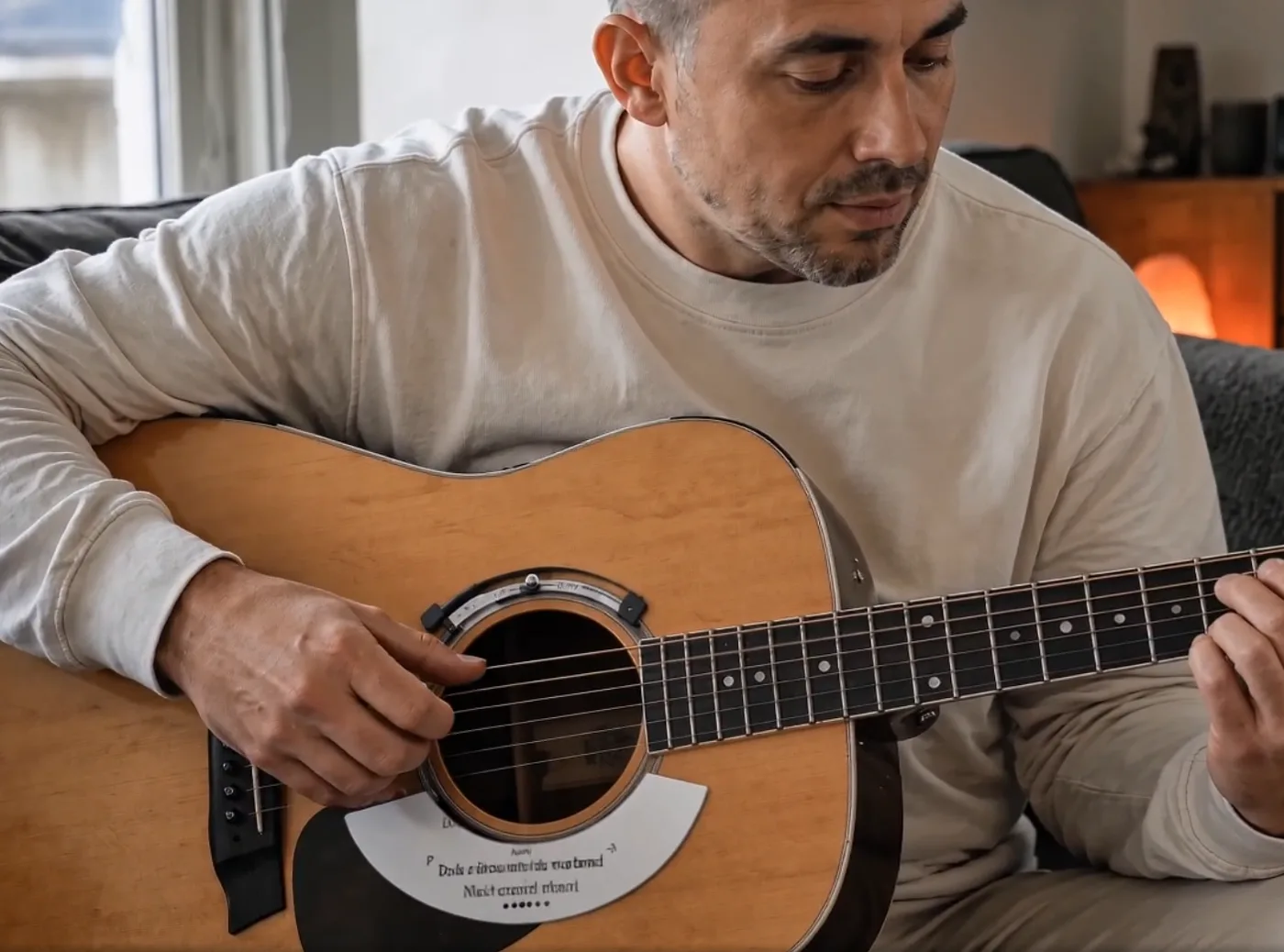 Halo — a curved e-ink strip clipped to a guitar soundhole, showing a line of tab above the strings.
