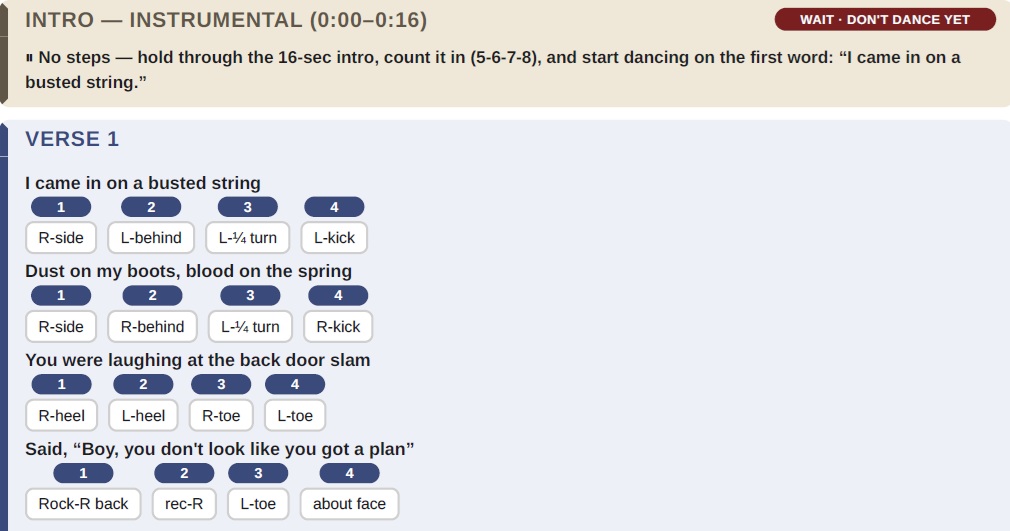 Preview of the Kick It Down dance sheet — the intro and verse-one step-by-step choreography.