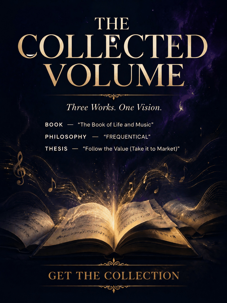 The Octave and the Lattice — an open book glowing with golden light and rising music notes against a cosmic sky.